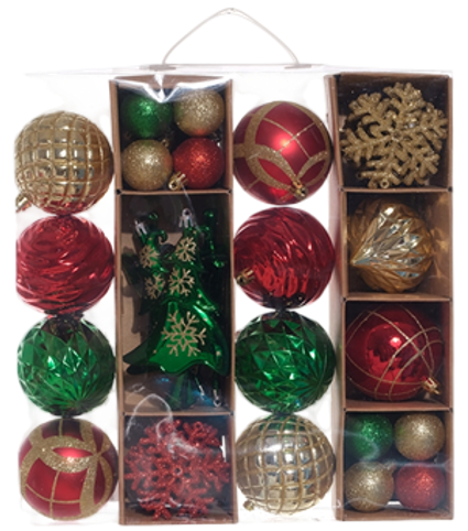 Juego 4 esferas navideñas rojo/verde/dorado 10x8, 16x4, 20x8cm