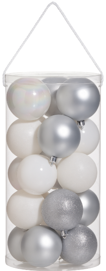 Juego 30 esferas navideñas blanco/plateado 6cm