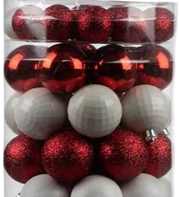 Juego 30 esferas navideñas rojo/blanco/plateado 6cm