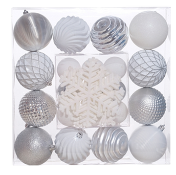 Juego 25 esferas navideñas con ornamentos plateado/blanco