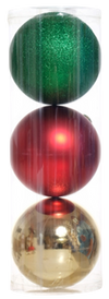 Juego 3 esferas navideñas rojo/verde/dorado 15cm