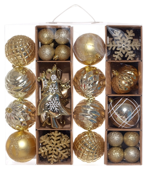 Juego 4 esferas navideñas dorado/champagna/perla 10x8, 16x4, 20x8cm