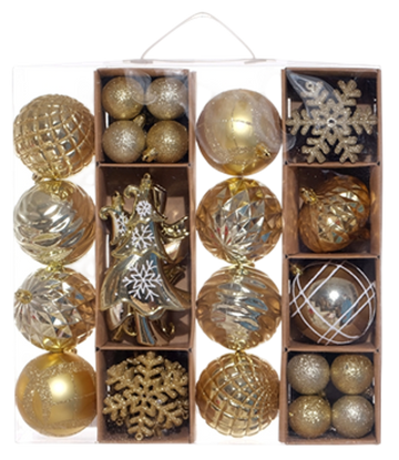 Juego 4 esferas navideñas dorado/champagna/perla 10x8, 16x4, 20x8cm